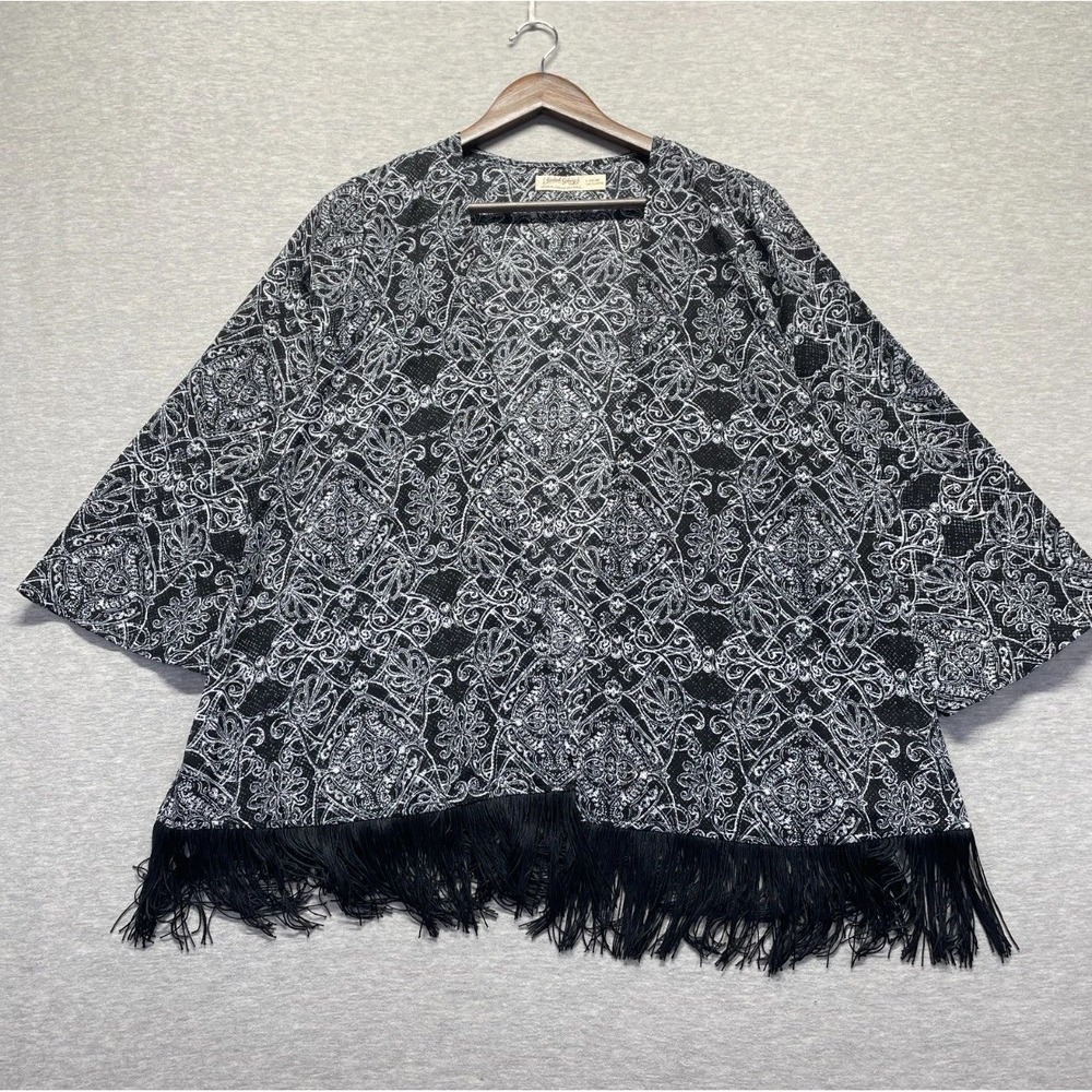 Faded Glory Kimono Cardigan Womens Large Black White Boho Open Front Fringe Hem